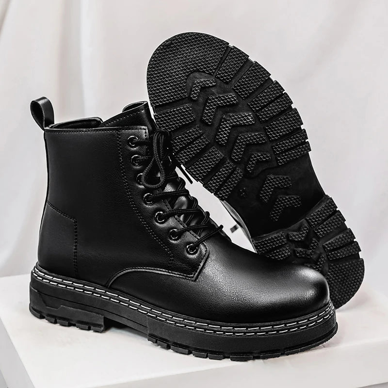 Black combat boot with sole tread detail visible