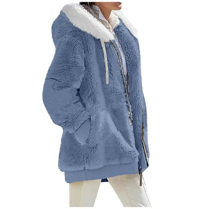 Blue plush fleece hooded jacket with white contrast collar, side view