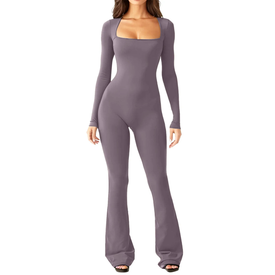 Purplish grey square neck fitted jumpsuit with flared wide leg pants, front view