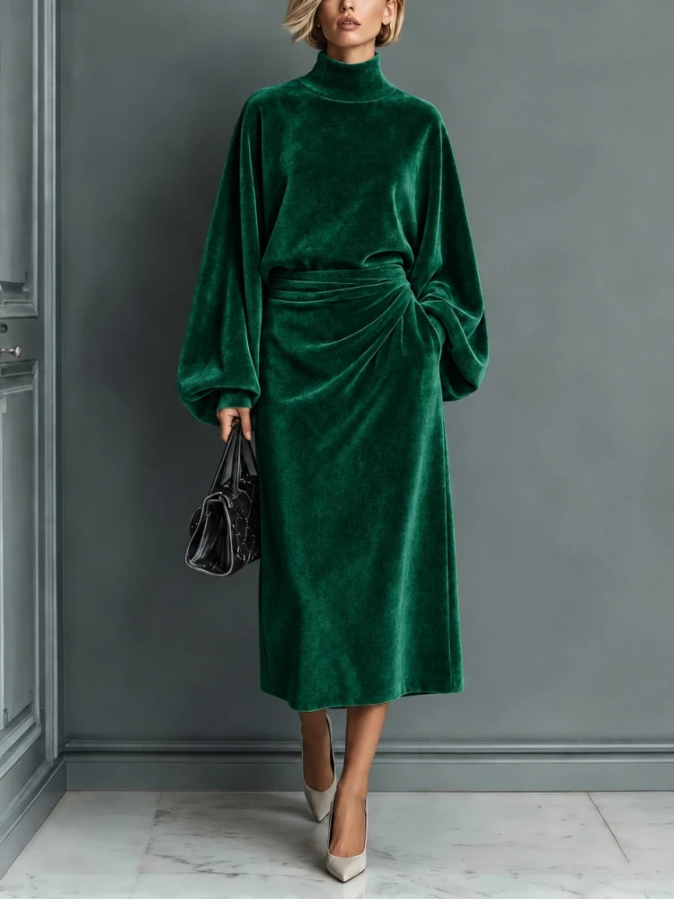Green velvet midi dress with ruched waist and lantern sleeves