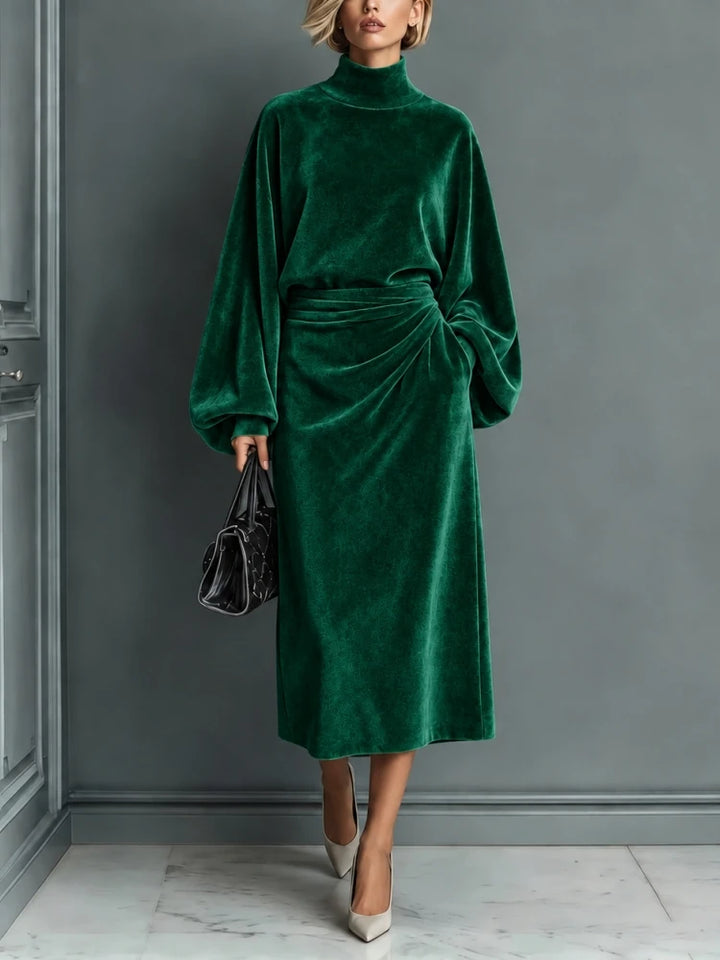 Green velvet midi dress with ruched waist and lantern sleeves