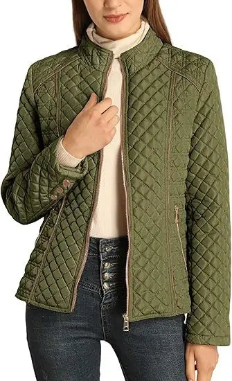 Woman wearing olive green quilted puffer jacket close up