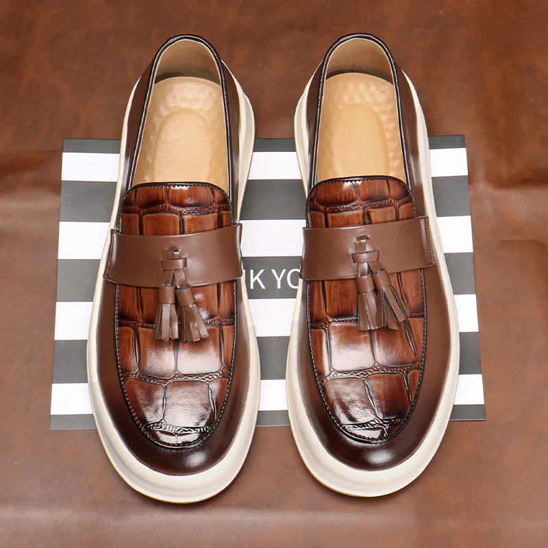 Pair of brown tasseled loafers viewed from above