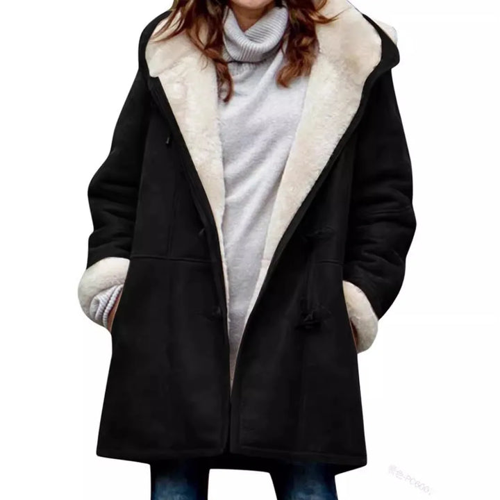 Black duffle coat with cream shearling collar