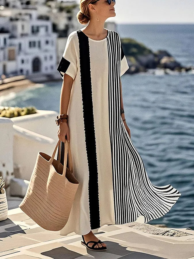 Ivy Striped Short Sleeve Flowing Maxi Dress