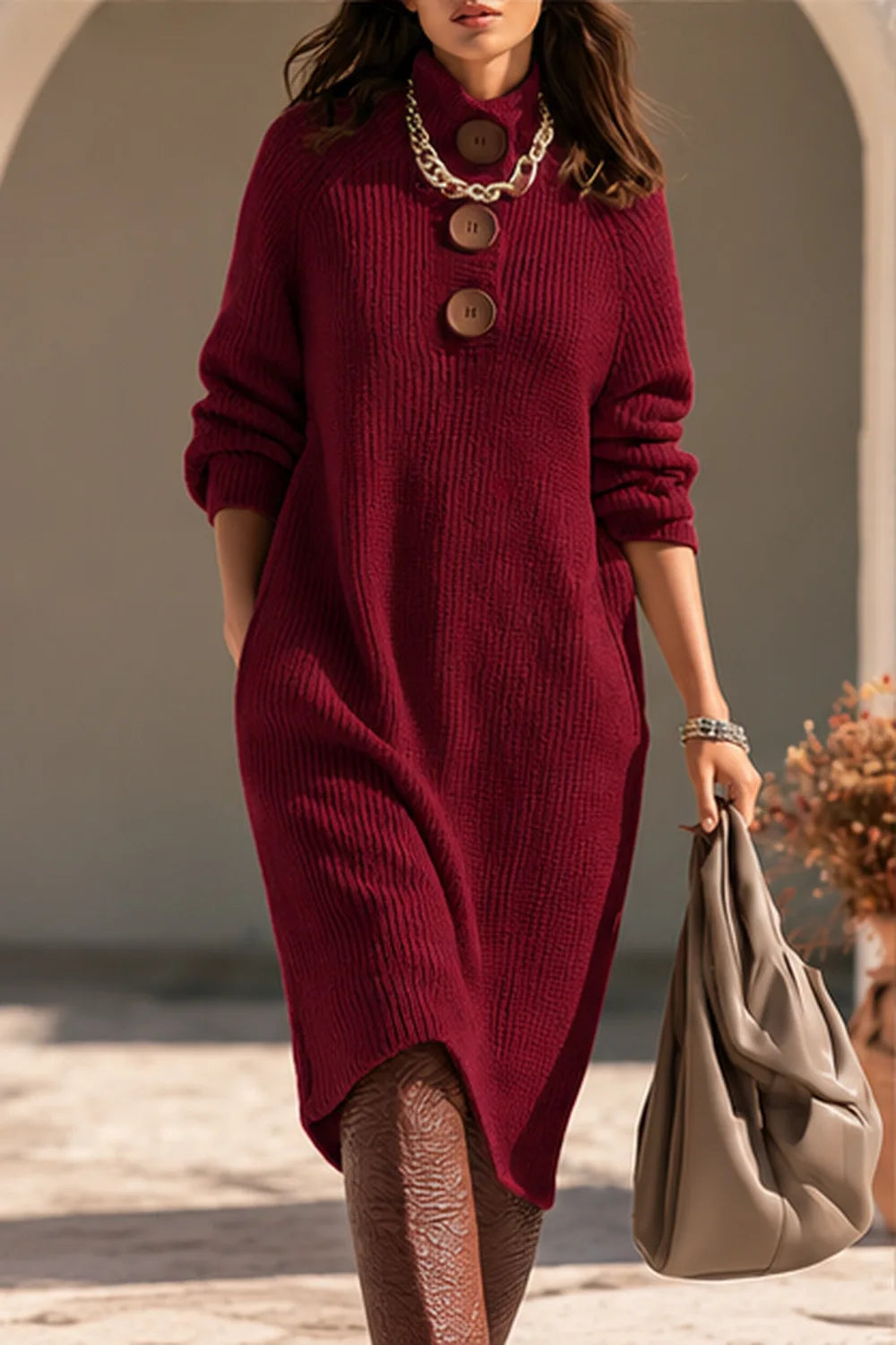Woman wearing claret red ribbed knit sweater dress with high funnel neck and button detail
