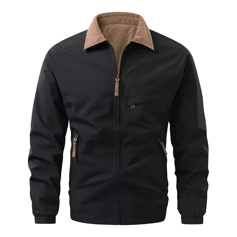 Black jacket with tan corduroy collar, front view