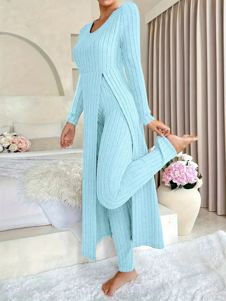Woman wearing sky blue ribbed long slit two piece loungewear set