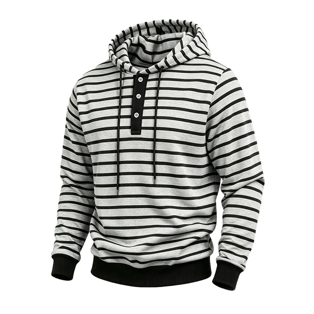 Men's light gray striped pullover hoodie, angled view