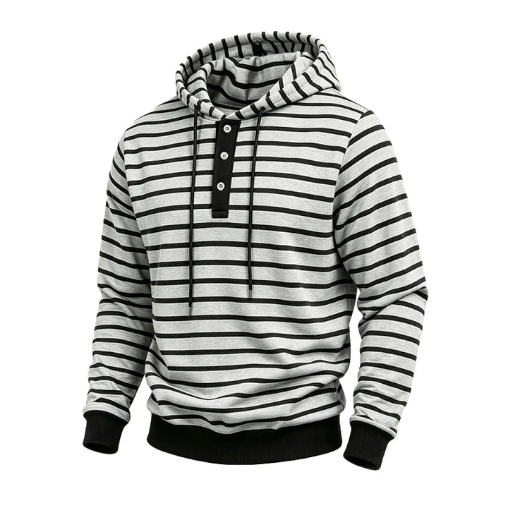 Men's light gray striped pullover hoodie, angled view