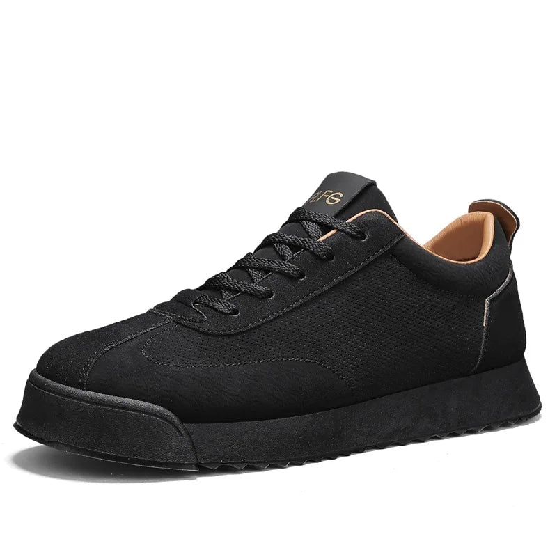 Angled view of black sneaker on white background