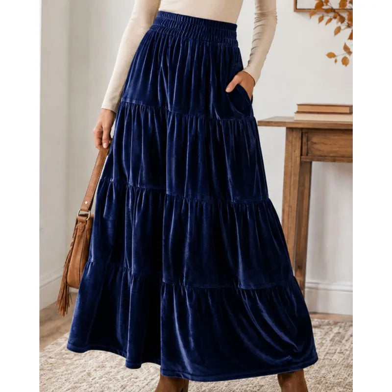 Deep blue velvet tiered maxi skirt, front view