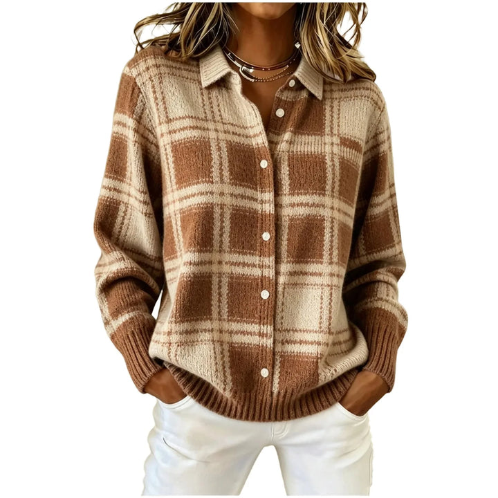 Woman wearing khaki and cream plaid knit button front cardigan