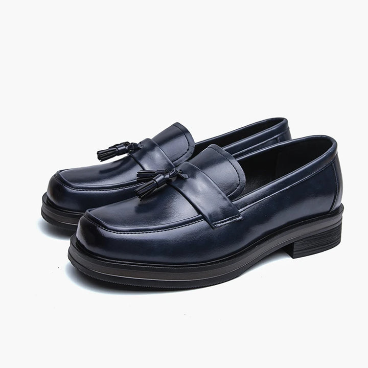Pair of navy blue tassel loafers on white background