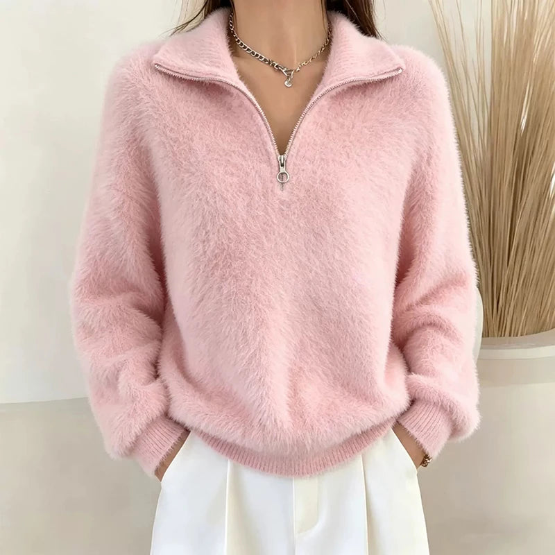 Pink brushed knit quarter-zip pullover with turn-down collar, front view