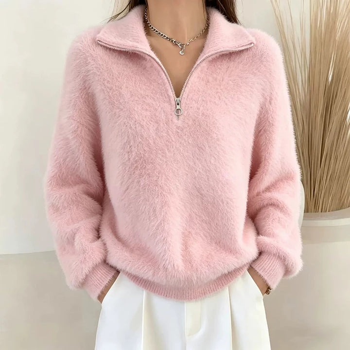 Pink brushed knit quarter-zip pullover with turn-down collar, front view