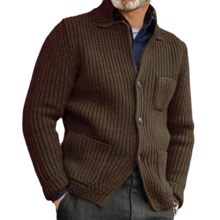 Brown ribbed knit cardigan with patch pockets