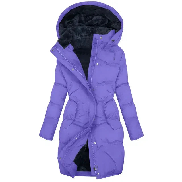 Purple quilted hooded puffer coat