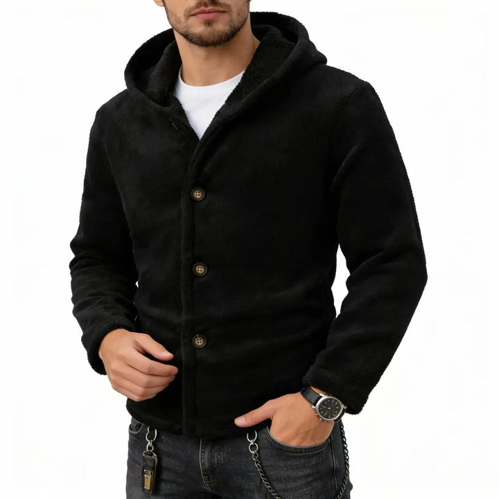 Man wearing black brushed fleece hooded jacket with button front