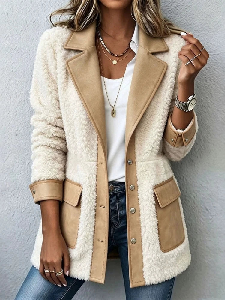 Woman wearing khaki two-tone sherpa fleece jacket with faux suede trim, front view