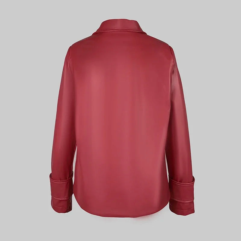 Red faux leather jacket back view flat lay