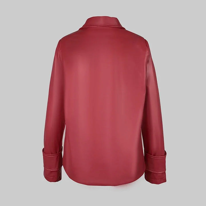 Red faux leather jacket back view flat lay