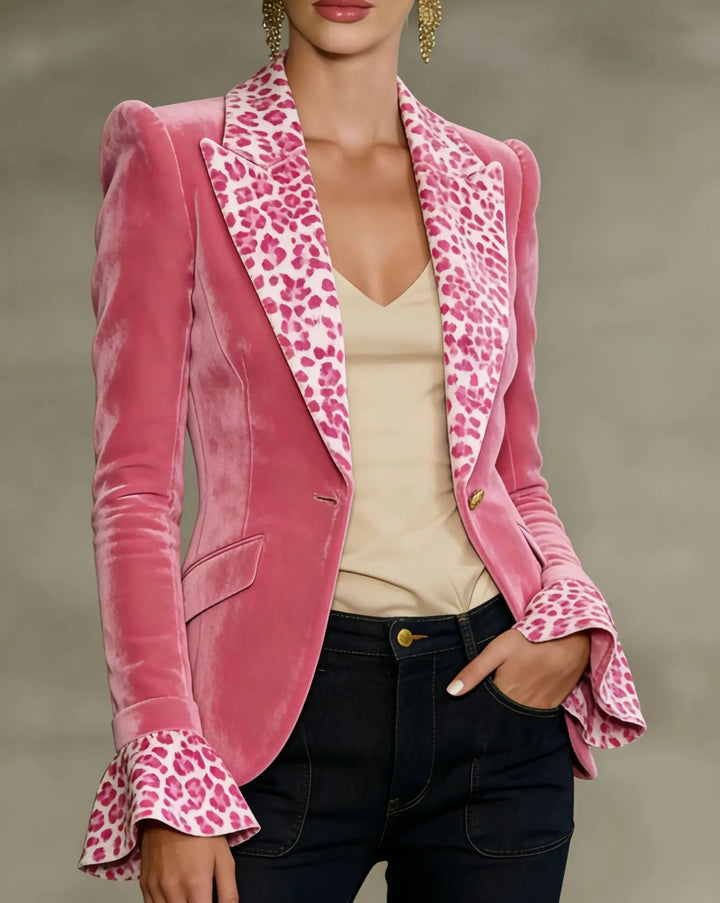 Pink velvet blazer with leopard print lapel, close-up front view