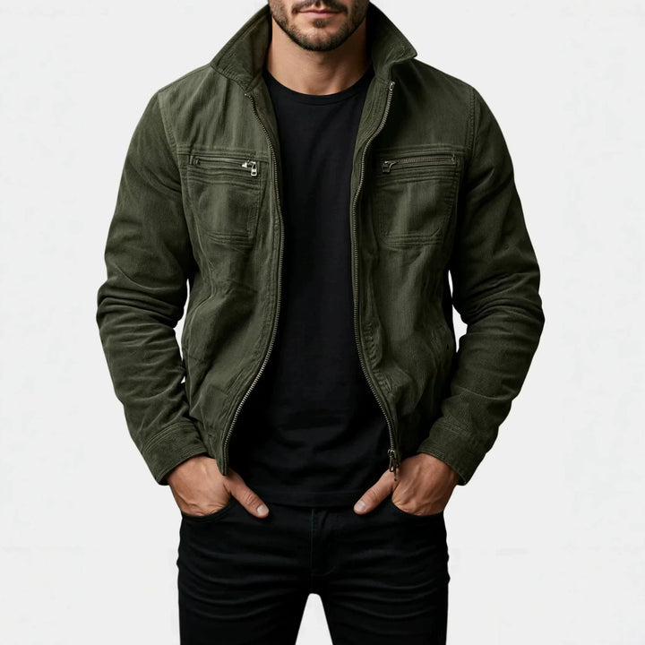 Man wearing olive green corduroy moto jacket, front view with zip open