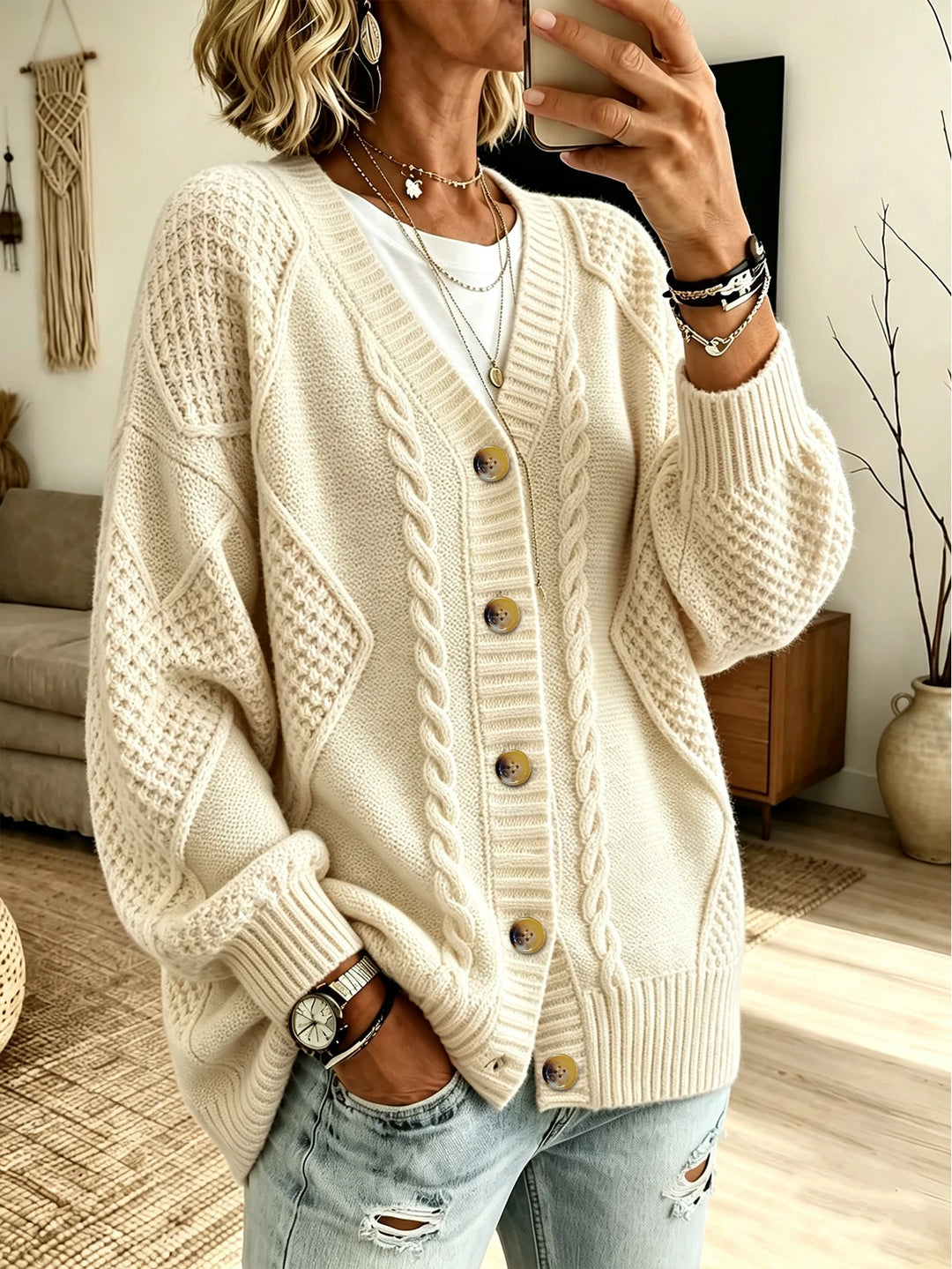 Woman wearing apricot cable knit button front cardigan