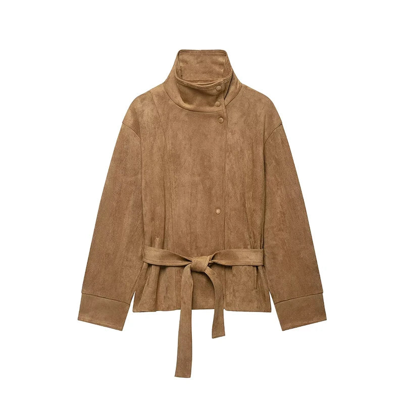 Camel suede-look belted jacket flat lay front view