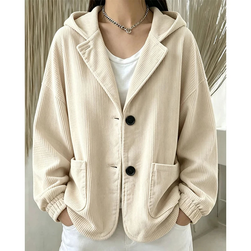 Apricot hooded corduroy jacket buttoned front view