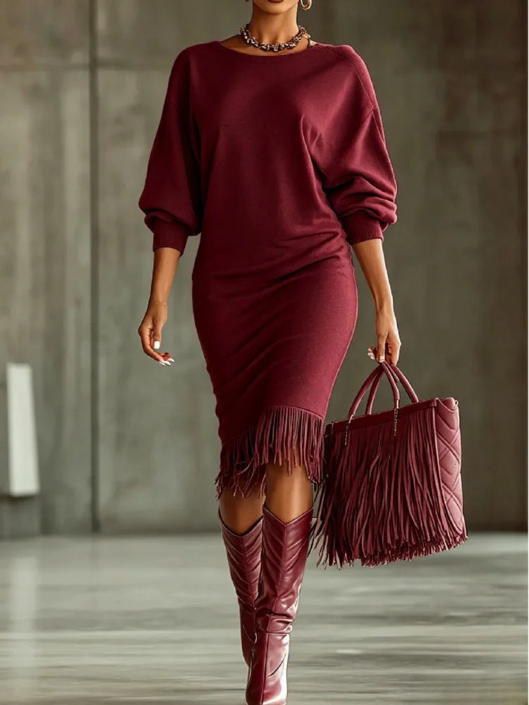 Marisette Fringe Hem Sweater Dress