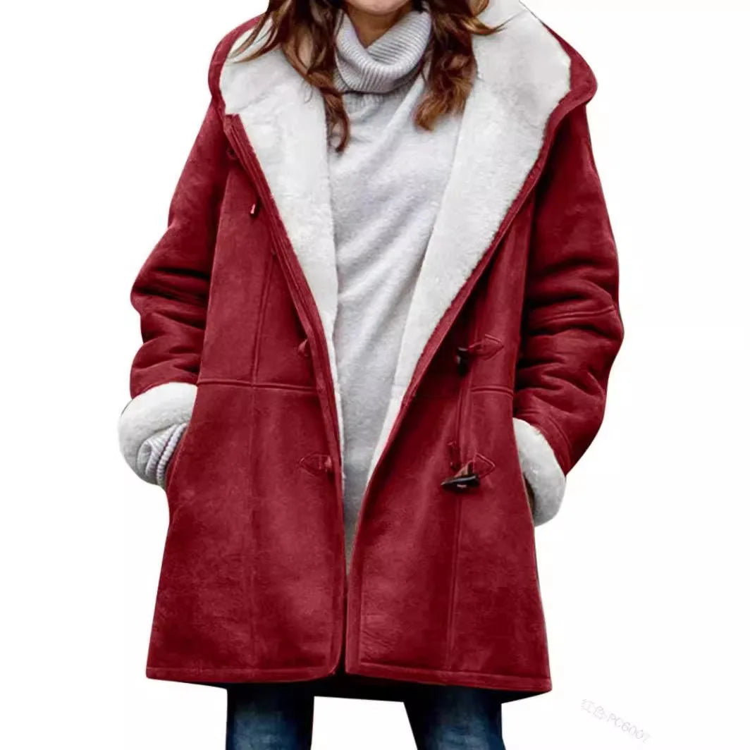 Red duffle coat with shearling hood open front view