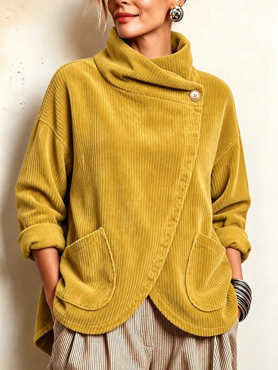Woman wearing yellow corduroy jacket with asymmetric wrap front