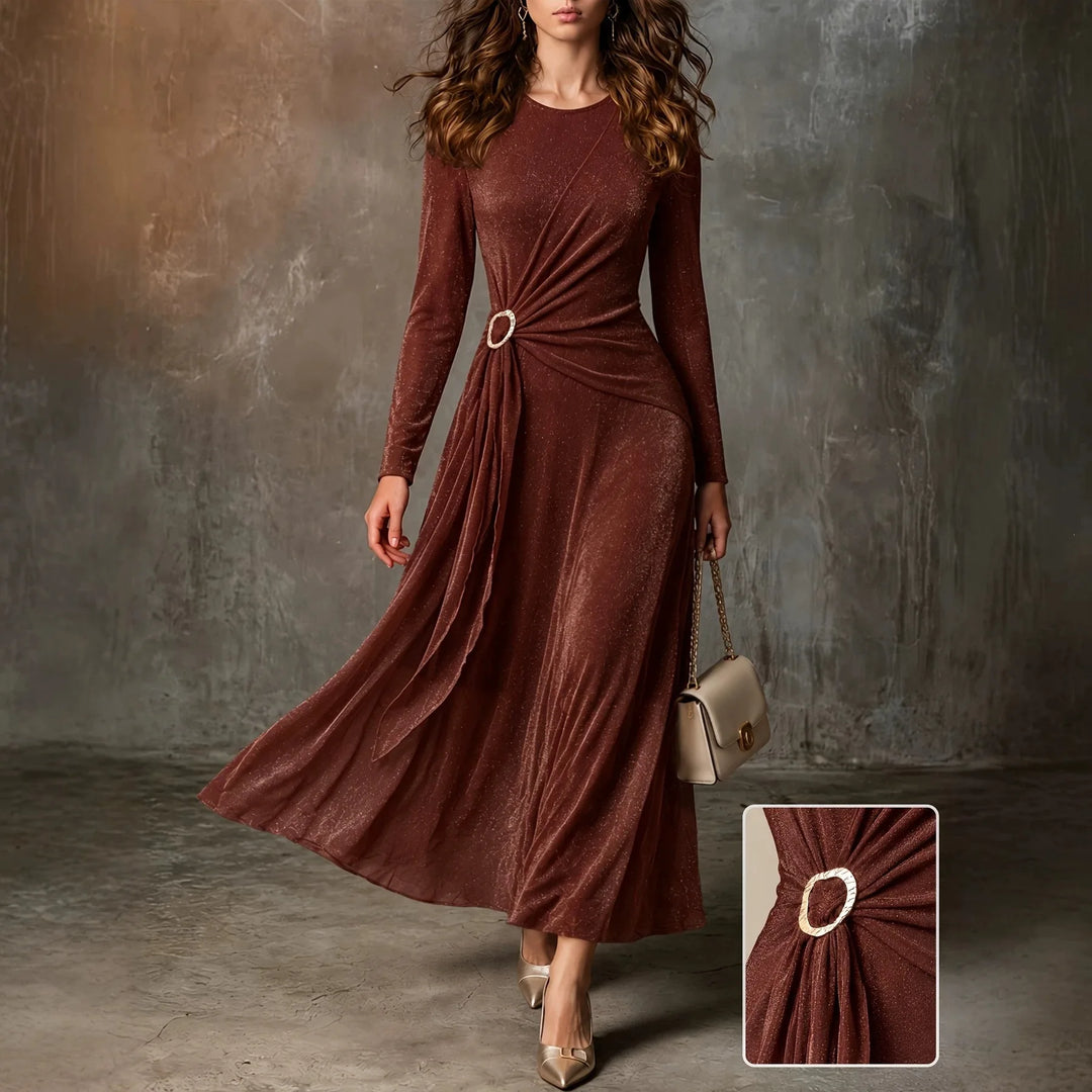 Coffee velvet maxi dress with ring buckle waist detail, front view