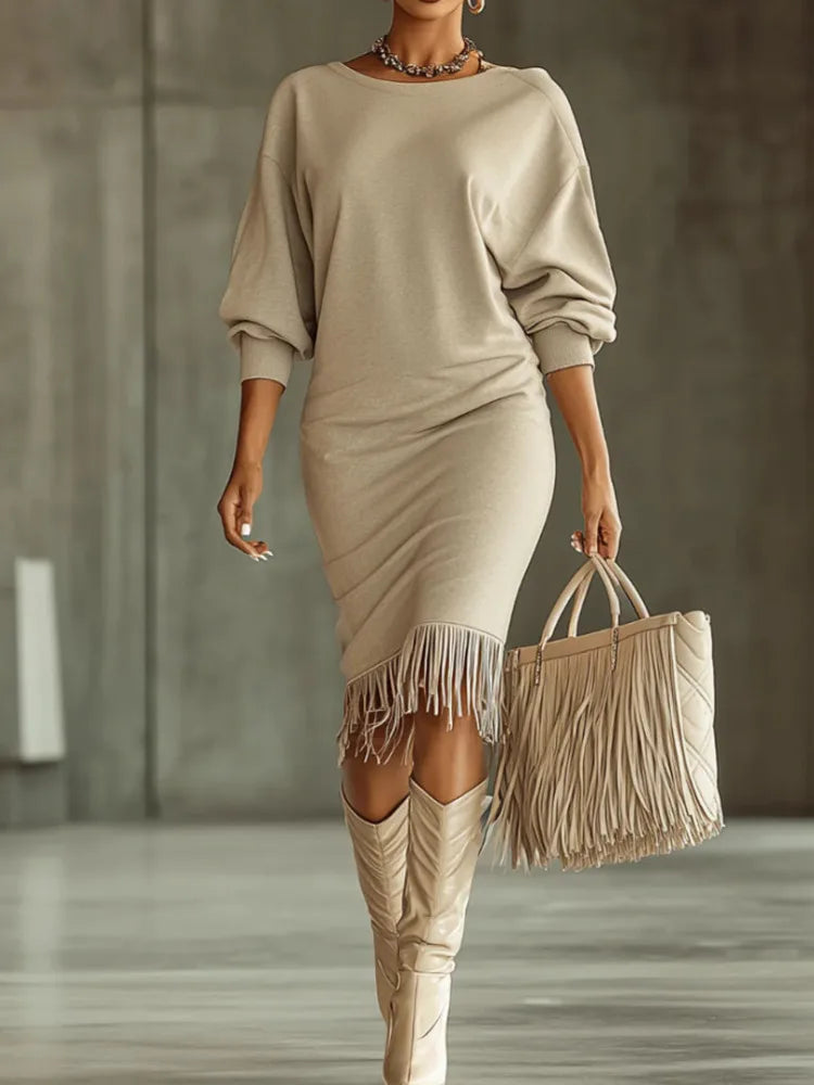 Marisette Fringe Hem Sweater Dress
