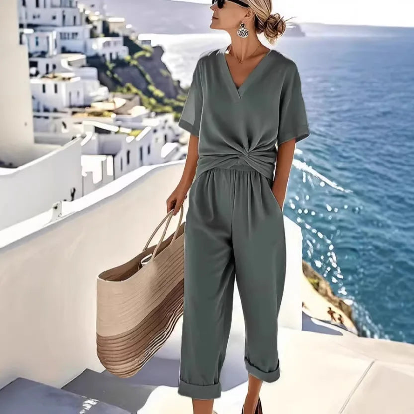 Caterina Casual Tie Waist Short Sleeve Pants Set