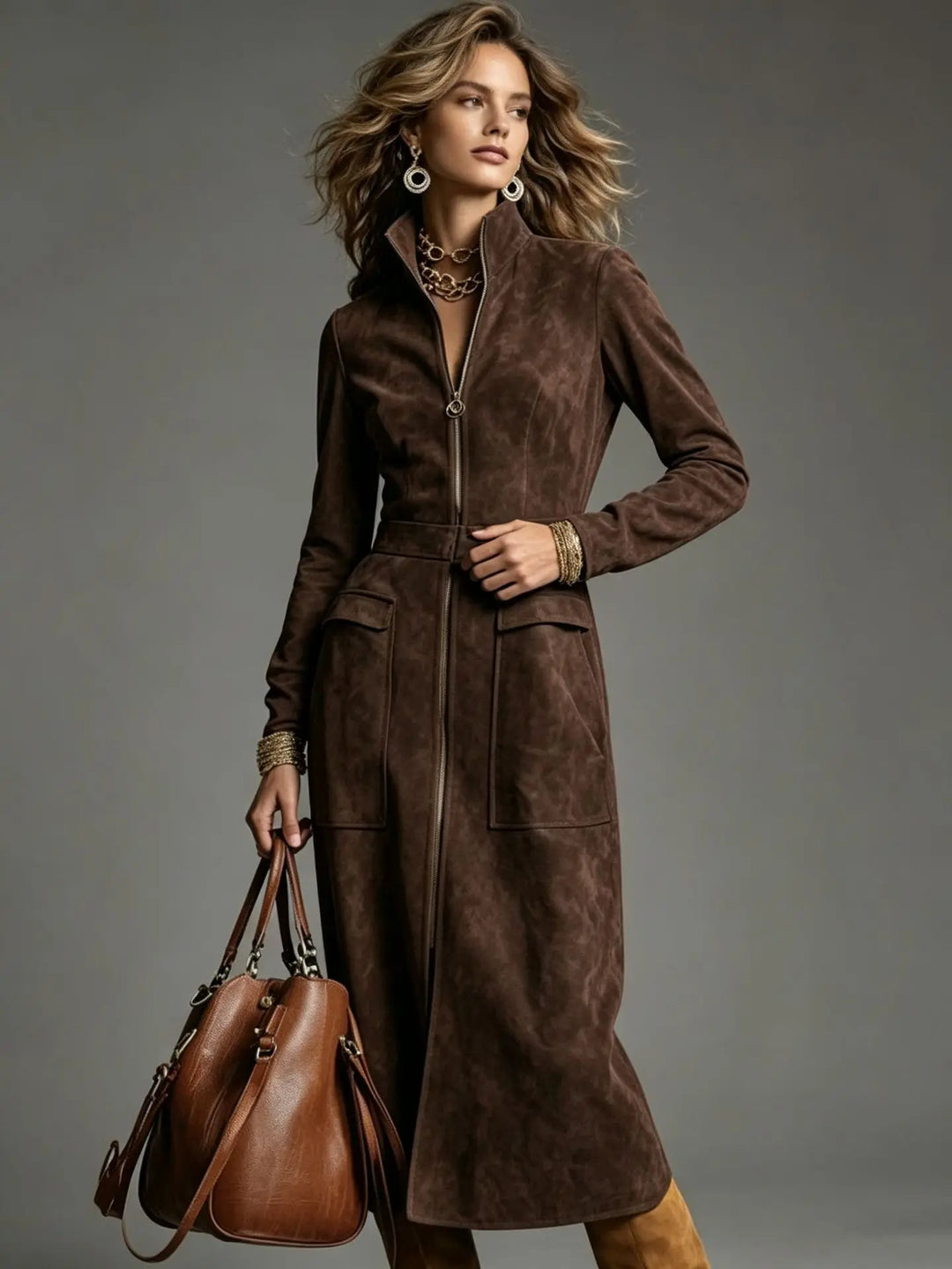 Woman wearing dark brown suede-look stand collar zip dress