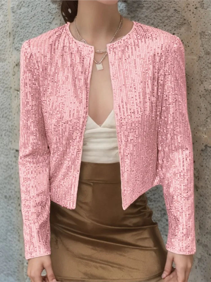 Pink sequin cropped jacket, front view