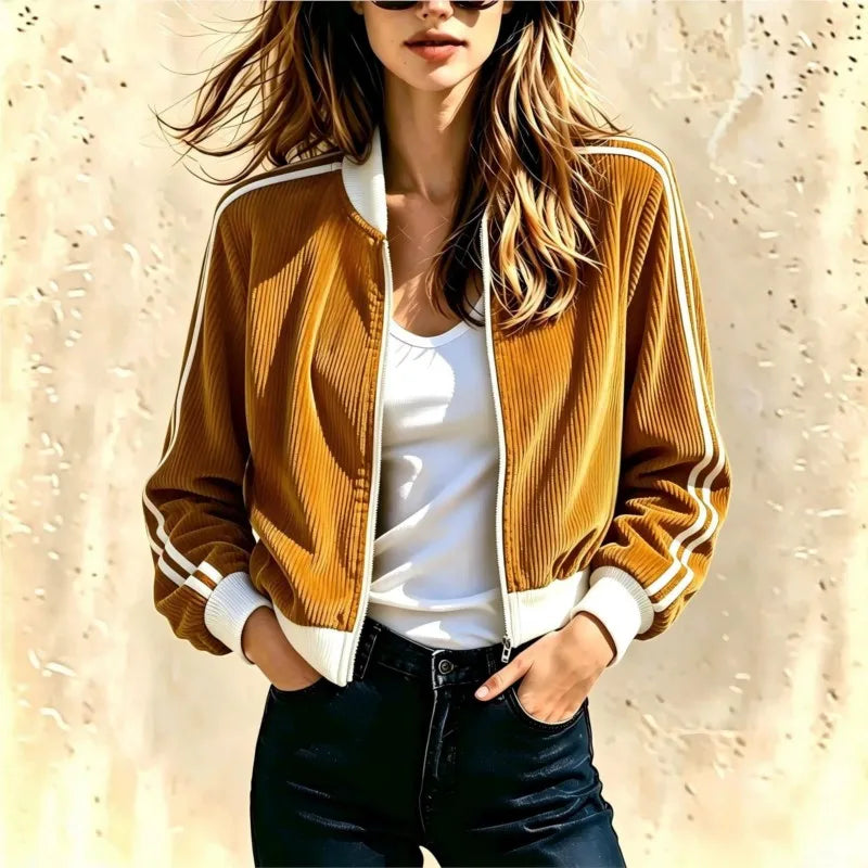 Woman wearing mustard yellow corduroy bomber jacket with white stripe trim