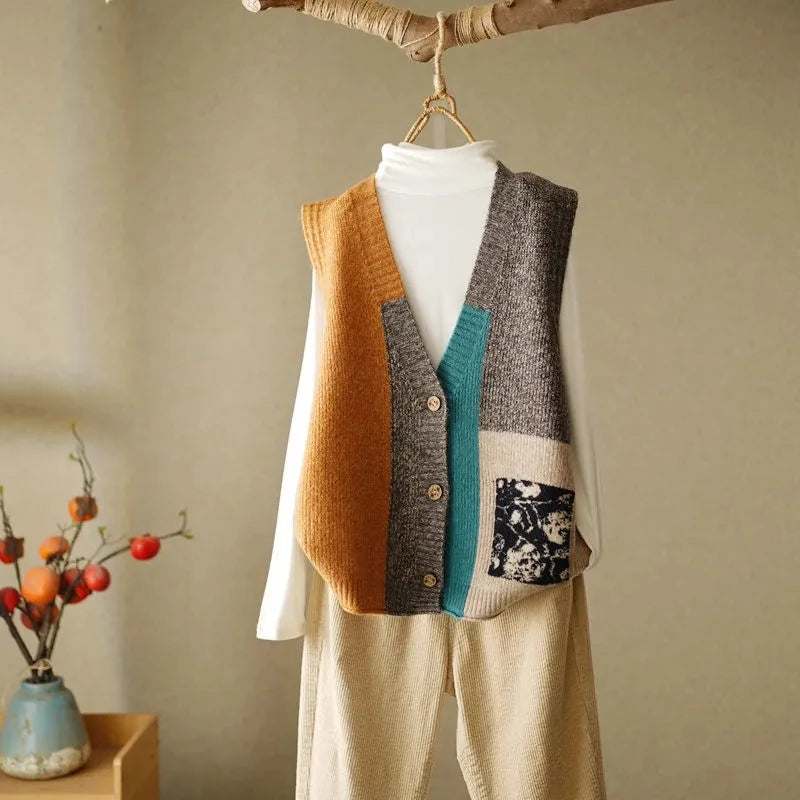 Colorblock knit sweater vest in coffee tones with floral patch pocket, worn over white turtleneck