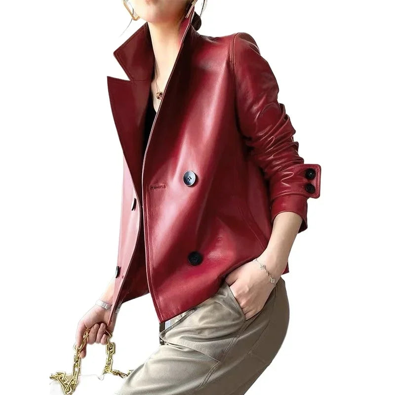 Model wearing red faux leather cropped jacket, front angled view