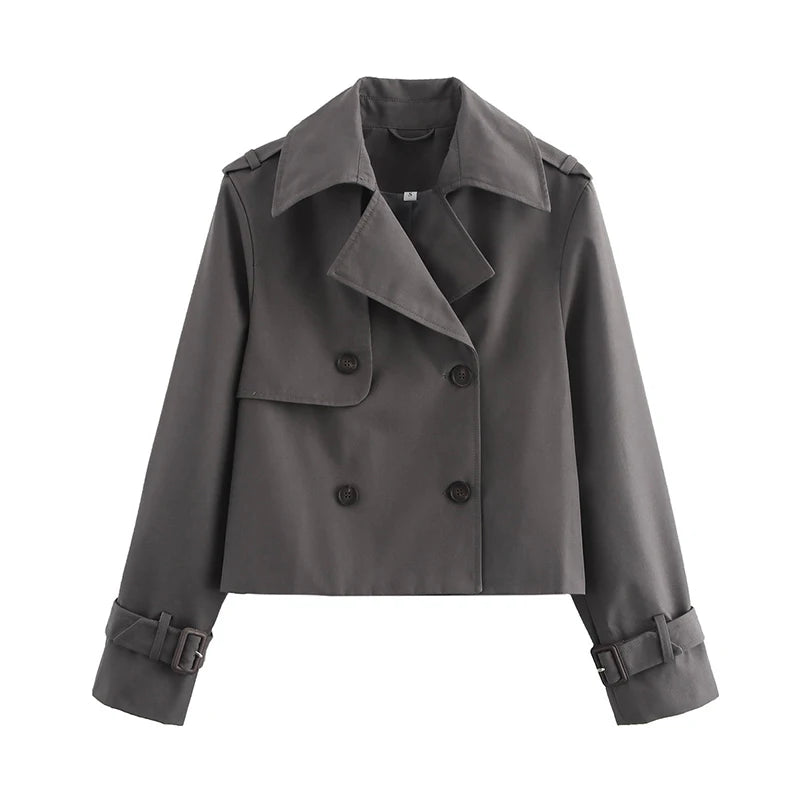 Charcoal grey cropped trench coat, front view