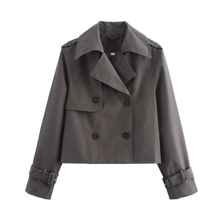 Charcoal grey cropped trench coat, front view