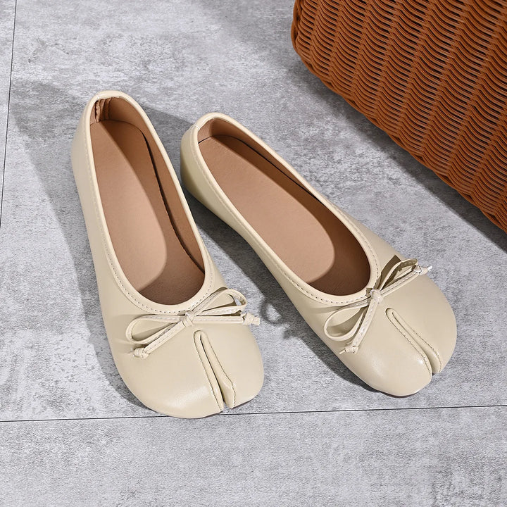 Khaki faux leather tabi ballet flats with bow