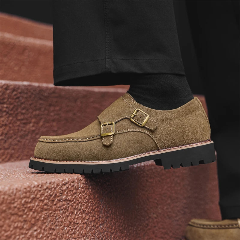 Khaki suede monk strap loafer side profile on stairs