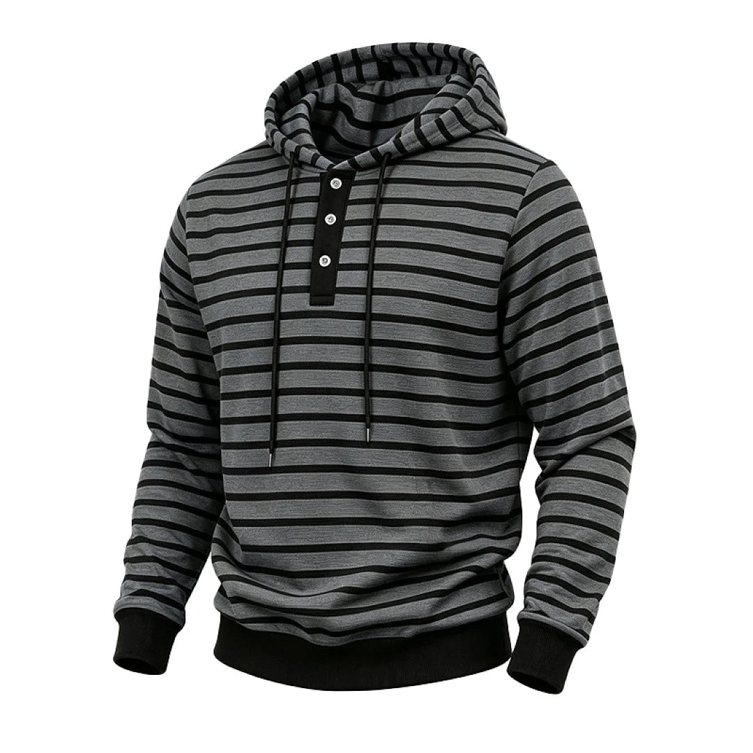Men's dark gray striped pullover hoodie, angled view