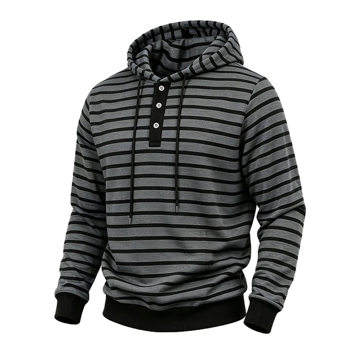 Men's dark gray striped pullover hoodie, angled view