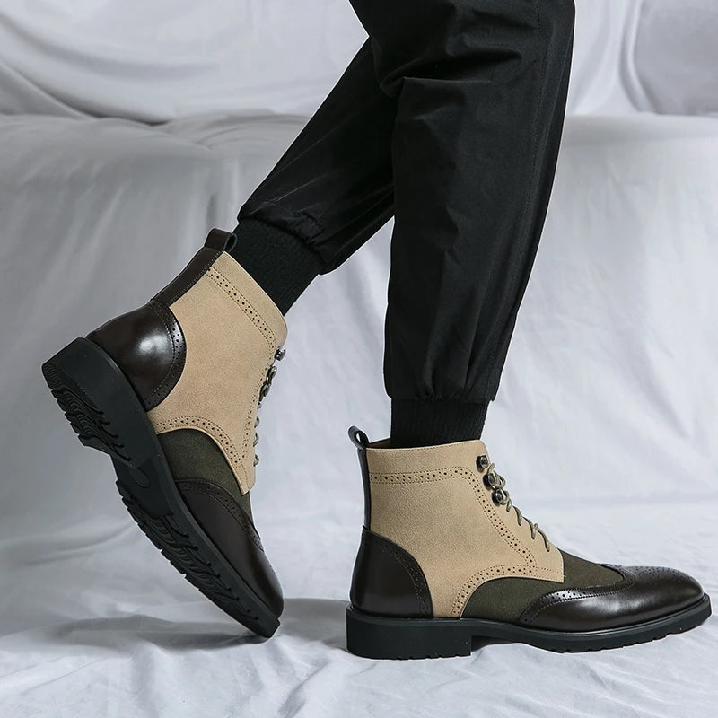 Man walking in brown and green brogue ankle boots