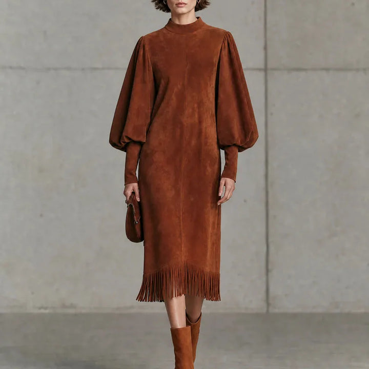Marisette Lantern Sleeve Fringe Dress